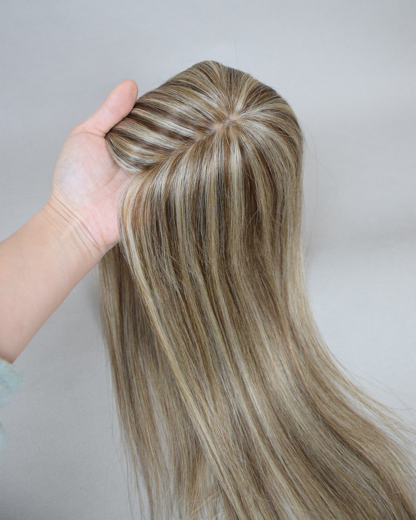 Auspiciouswig Brown Blonde Highlights European Virgin Hair Topper Breathable Fishnet Mesh Integration Hair System For Women Thinning Hair