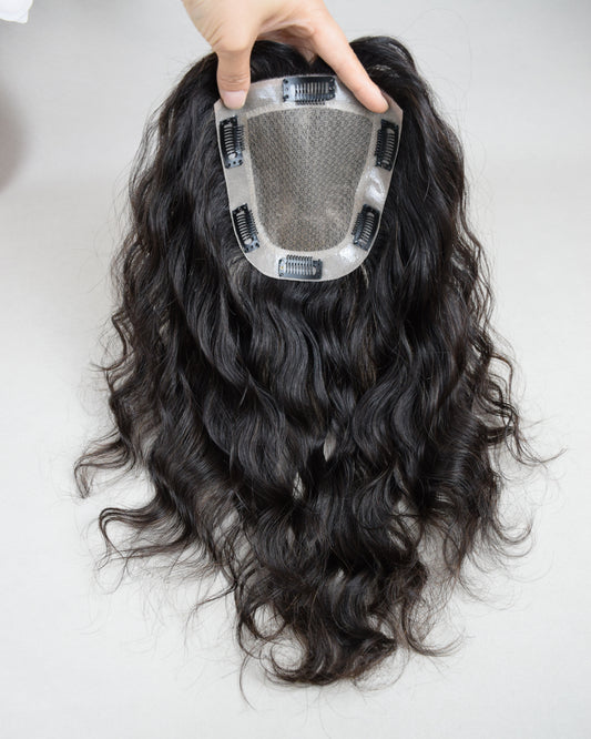 Auspiciouswig Breathable Lace PU Base Black Human Virgin Hair Topper Curly Black Hair Toupee For Women