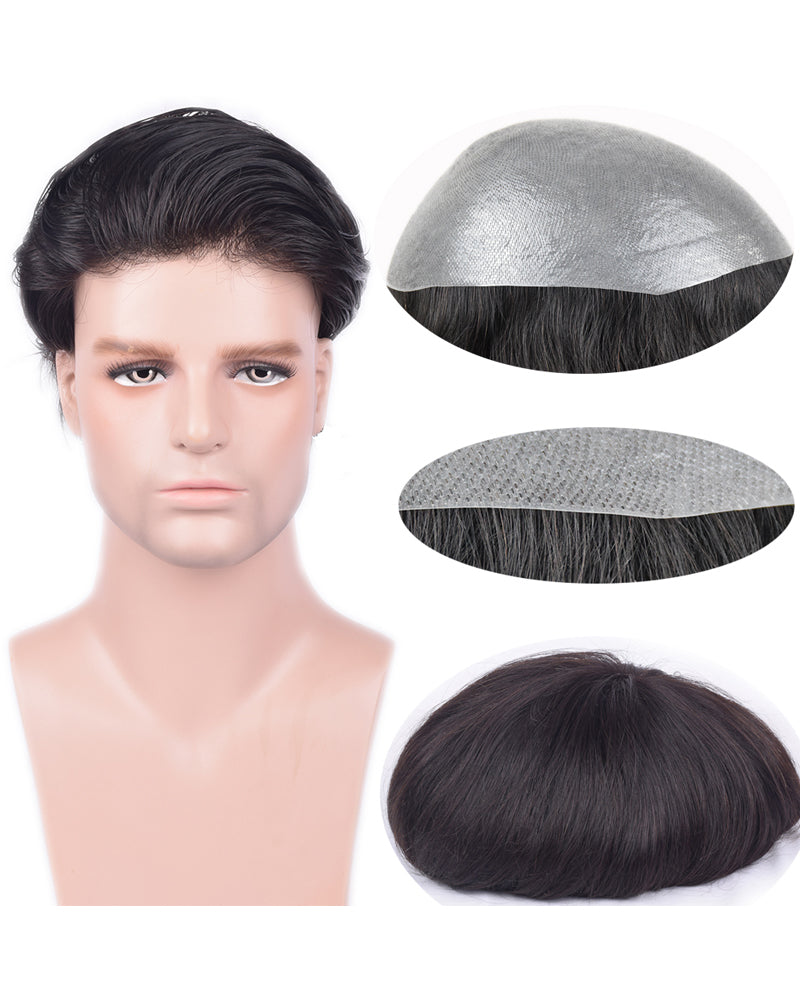 Auspiciouswig 0.04mm Thin Skin Mens Toupee Sistema di sostituzione dei capelli umani Parrucchino per uomo 