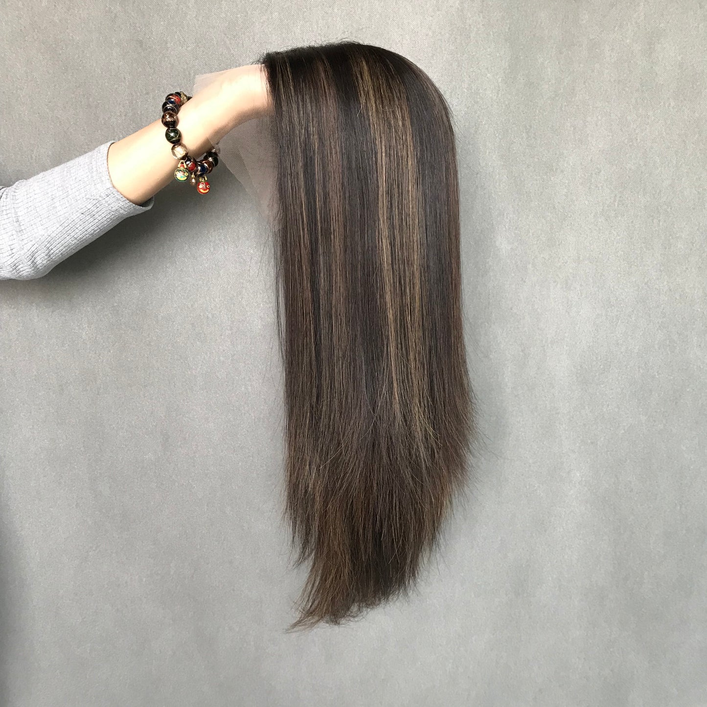 Auspiciouswig Human Hair Lace Front Kosher Sheitel Wigs Swiss Lace Top Brown Highlights Jewish Wigs