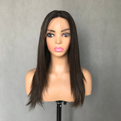 Auspiciouswig Human Hair Lace Front Kosher Sheitel Wigs Swiss Lace Top Brown Highlights Jewish Wigs