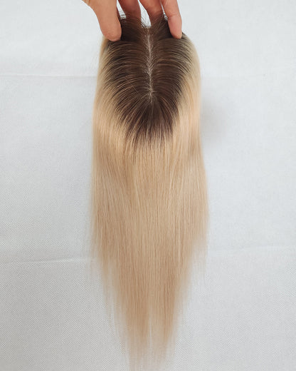 Auspiciouswig Rooted Blonde Virgin Hair Topper Silk Base PU Perimeter Hairpiece Toupee For Women