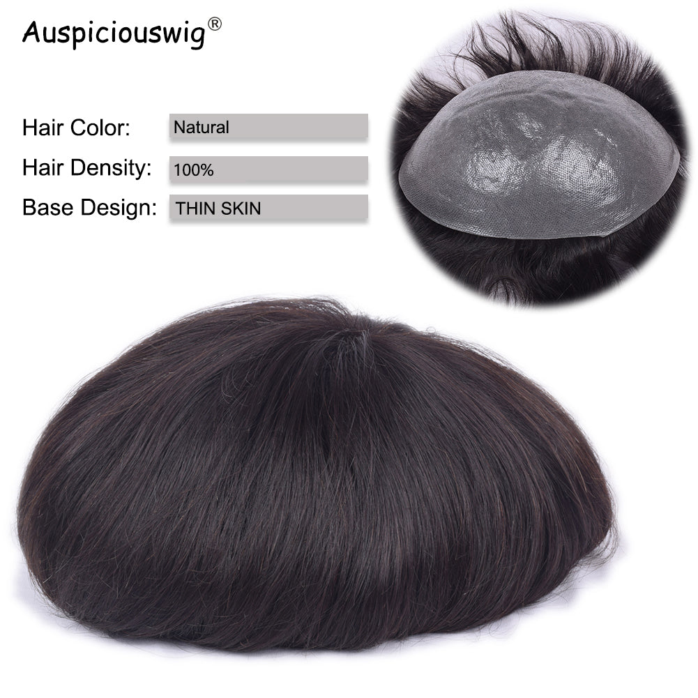 Auspiciouswig 0.04mm Thin Skin Mens Toupee Sistema di sostituzione dei capelli umani Parrucchino per uomo 