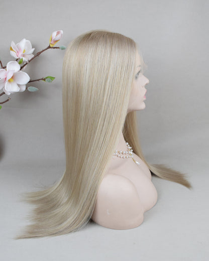 Auspiciouswig Ash Blonde European Virgin Hair Kosher Wig Swiss Lace Front Top Jewish Wigs
