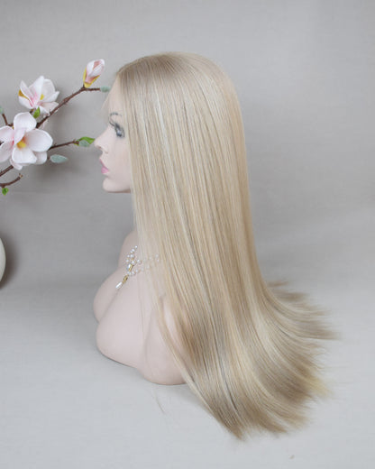 Auspiciouswig Ash Blonde European Virgin Hair Kosher Wig Swiss Lace Front Top Jewish Wigs