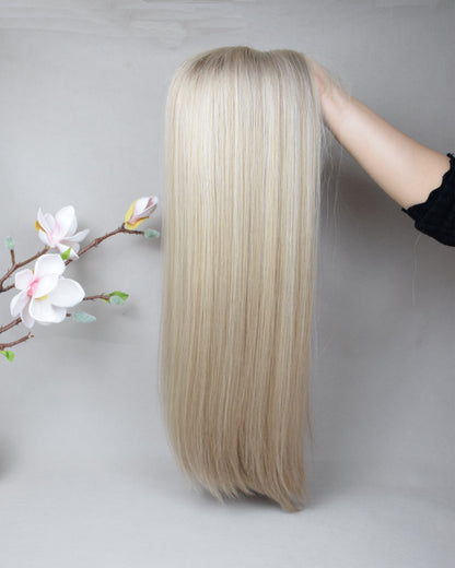 Auspiciouswig Ash Blonde European Virgin Hair Kosher Wig Swiss Lace Front Top Jewish Wigs