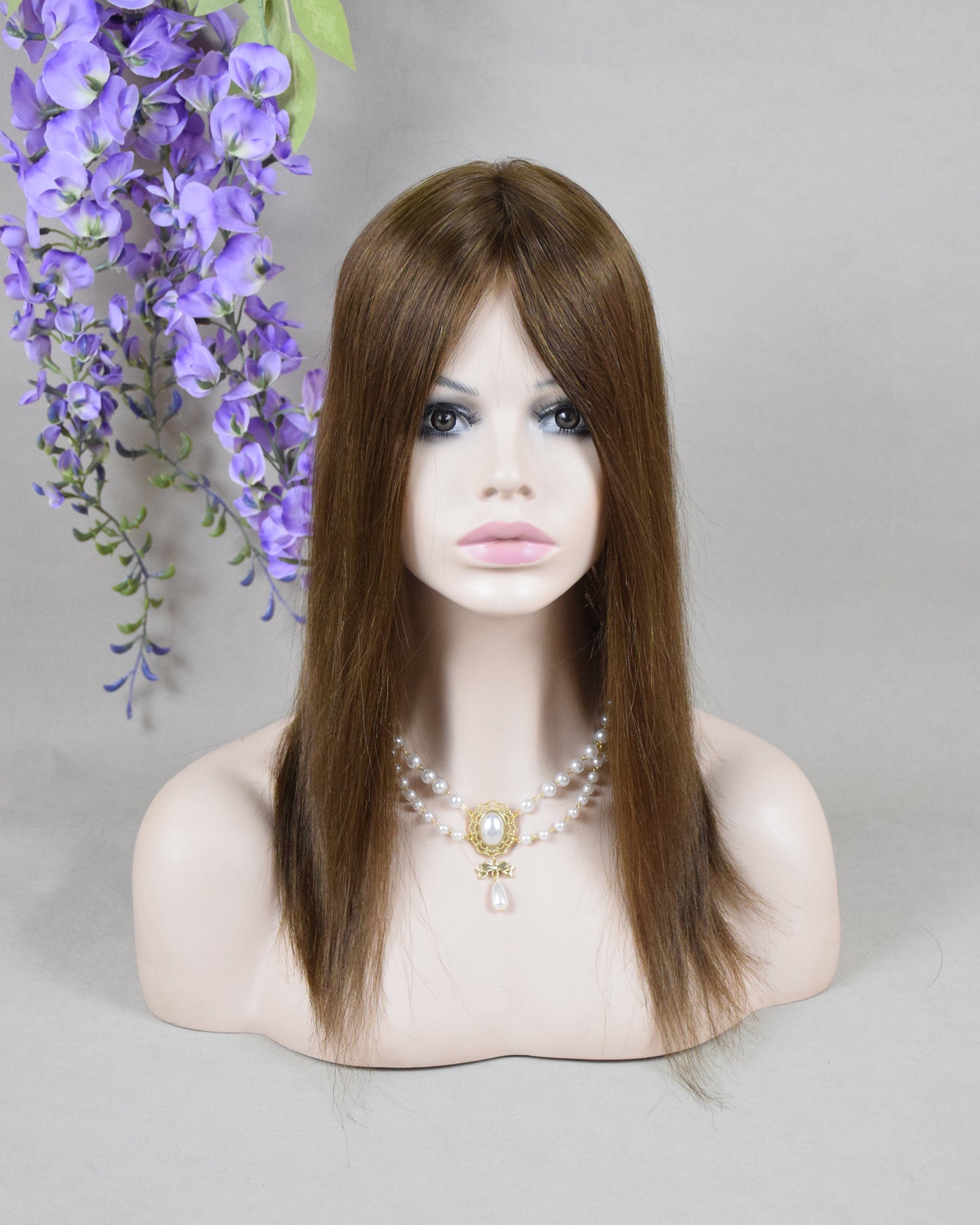 Auspiciouswig 16" Brown European Virgin Hair Topper Silk Top 14x15cm Fishnet Mesh Integration Hair System For Women For Thinning Hair