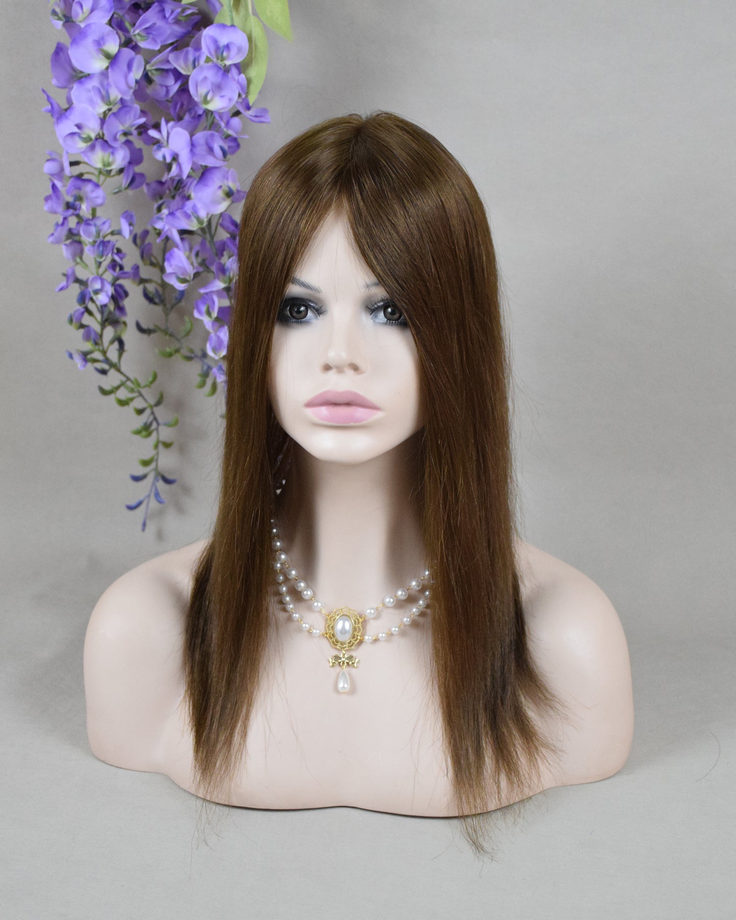 Auspiciouswig 16" Brown European Virgin Hair Topper Silk Top 14x15cm Fishnet Mesh Integration Hair System For Women For Thinning Hair
