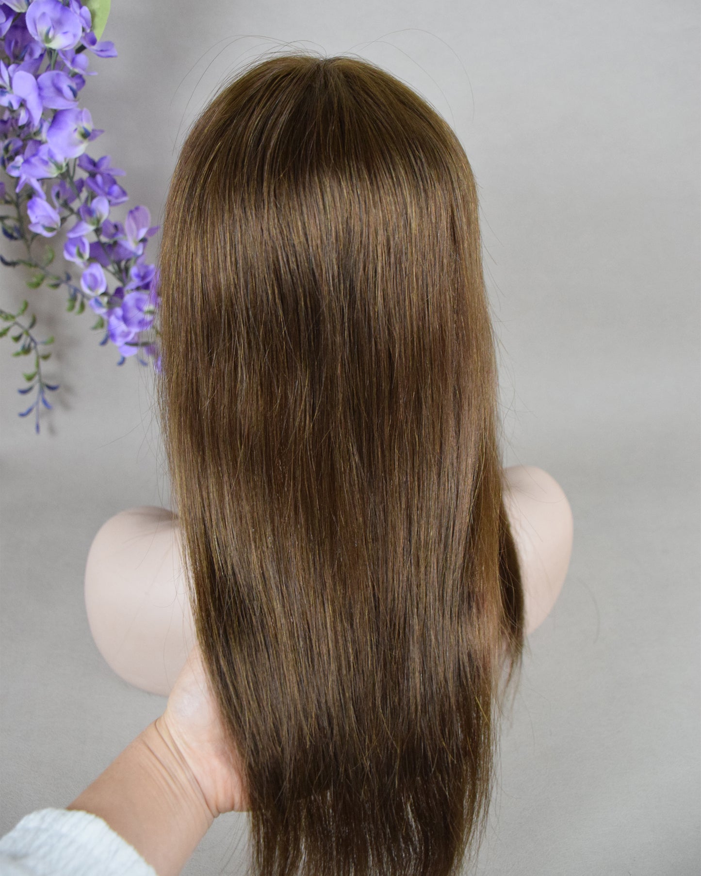 Auspiciouswig 16" Brown European Virgin Hair Topper Silk Top 14x15cm Fishnet Mesh Integration Hair System For Women For Thinning Hair