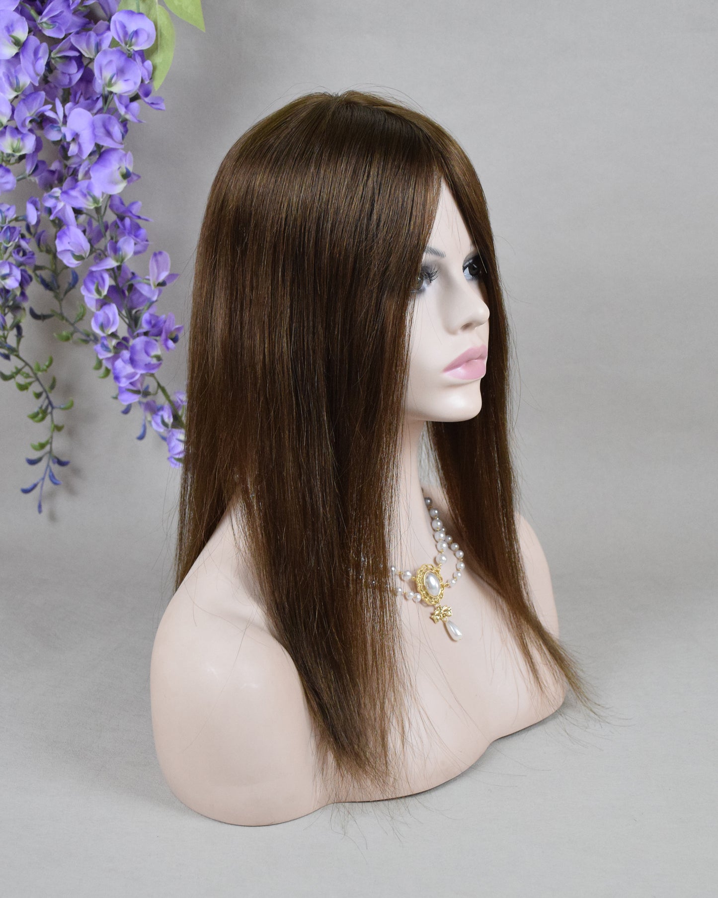 Auspiciouswig 16" Brown European Virgin Hair Topper Silk Top 14x15cm Fishnet Mesh Integration Hair System For Women For Thinning Hair