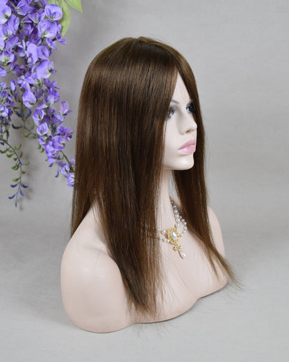 Auspiciouswig 16" Brown European Virgin Hair Topper Silk Top 14x15cm Fishnet Mesh Integration Hair System For Women For Thinning Hair