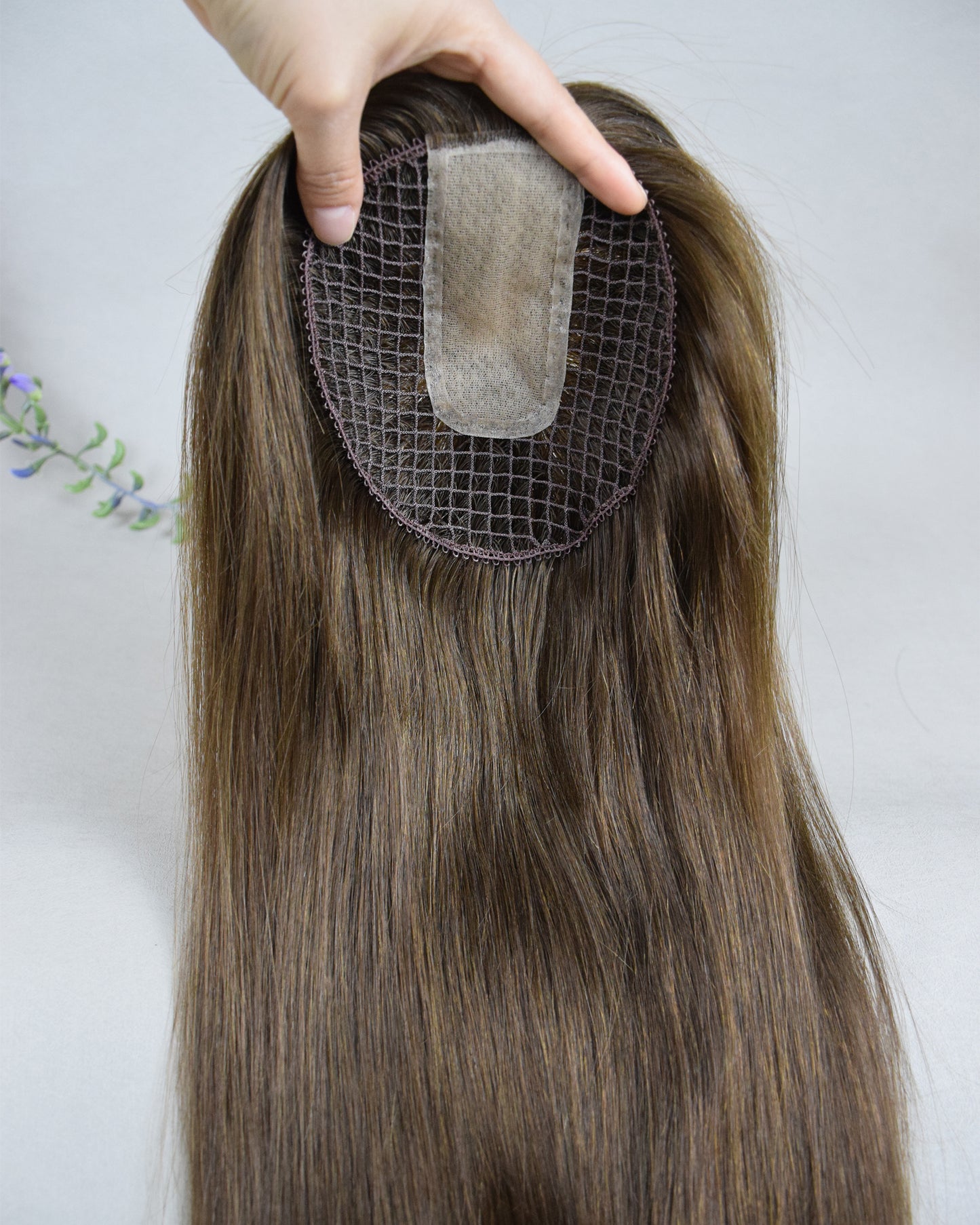 Auspiciouswig 16" Brown European Virgin Hair Topper Silk Top 14x15cm Fishnet Mesh Integration Hair System For Women For Thinning Hair