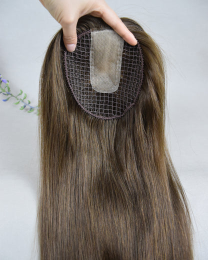 Auspiciouswig 16" Brown European Virgin Hair Topper Silk Top 14x15cm Fishnet Mesh Integration Hair System For Women For Thinning Hair