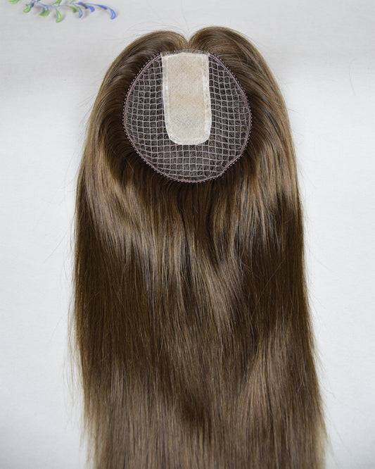 Auspiciouswig 16" Brown European Virgin Hair Topper Silk Top 14x15cm Fishnet Mesh Integration Hair System For Women For Thinning Hair
