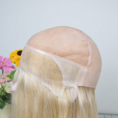 Auspiciouswig Blonde Human Virgin Hair Medical Wig Fine Mono Top Silicone PU Base Hairsystem For Women