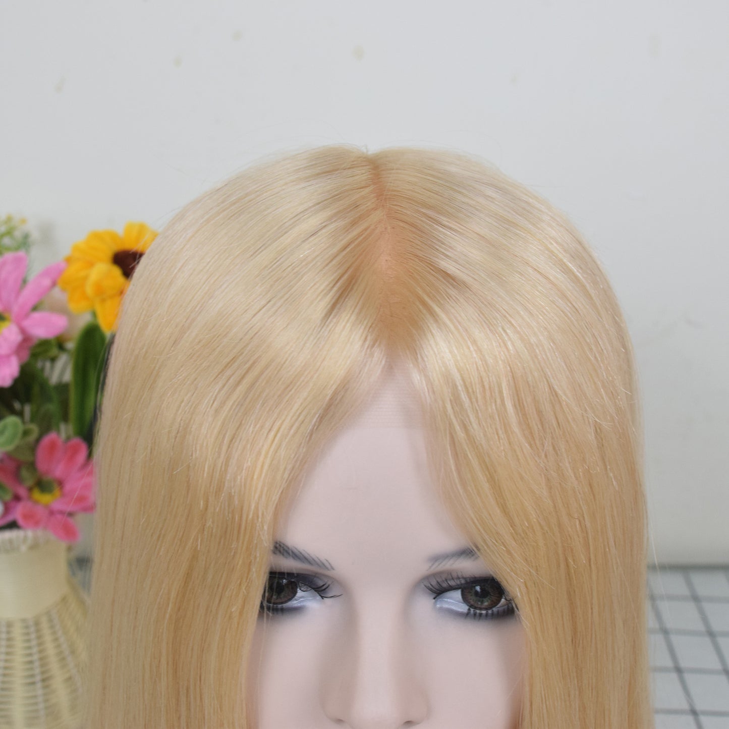 Auspiciouswig Blonde Human Virgin Hair Medical Wig Fine Mono Top Silicone PU Base Hairsystem For Women