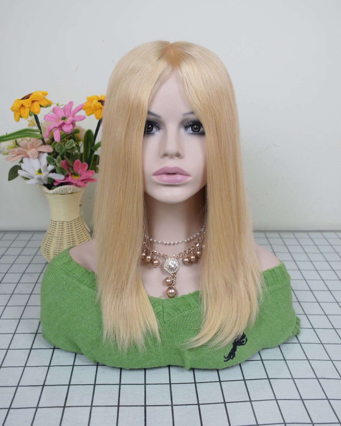 Auspiciouswig Blonde Human Virgin Hair Medical Wig Fine Mono Top Silicone PU Base Hairsystem For Women