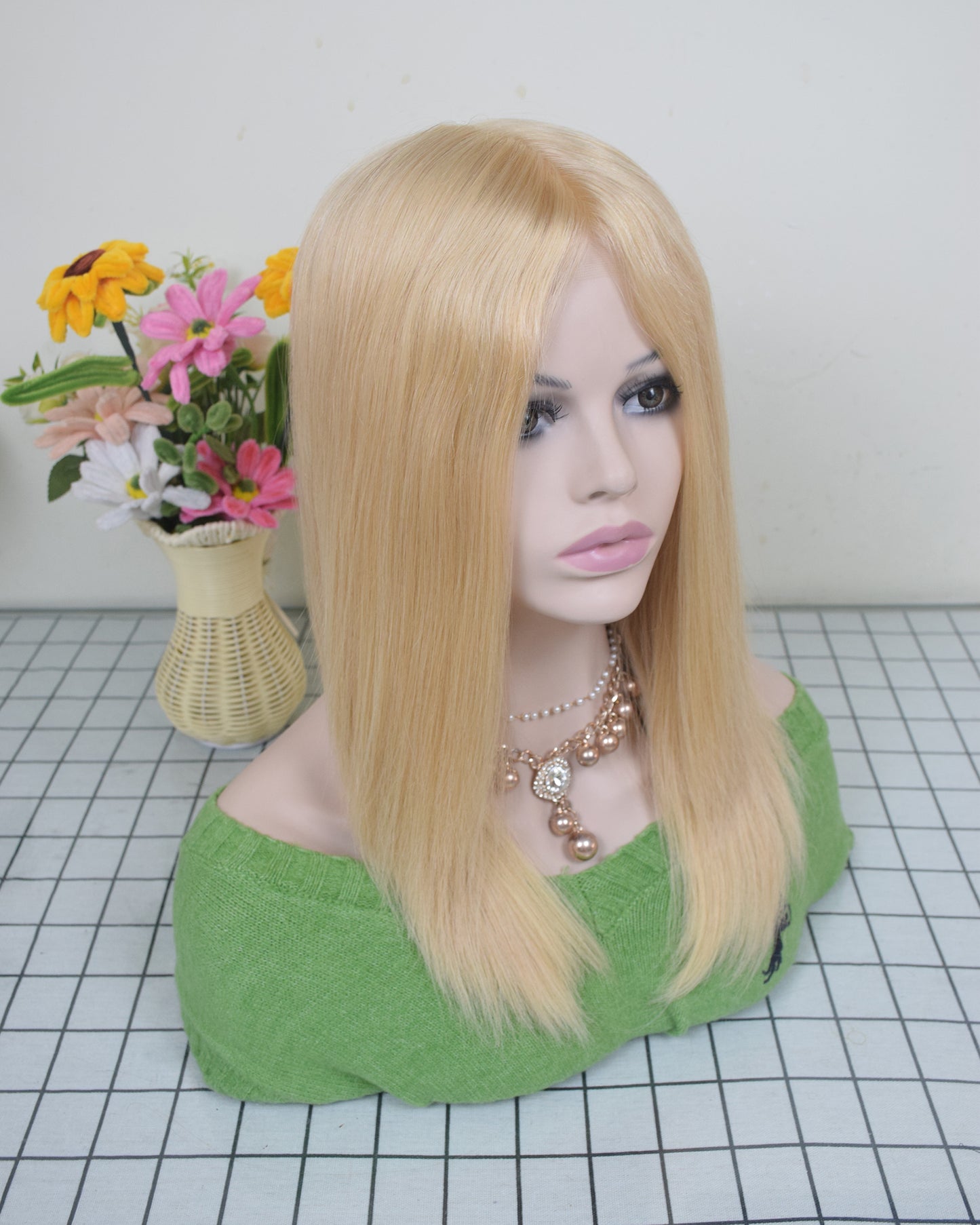 Auspiciouswig Blonde Human Virgin Hair Medical Wig Fine Mono Top Silicone PU Base Hairsystem For Women