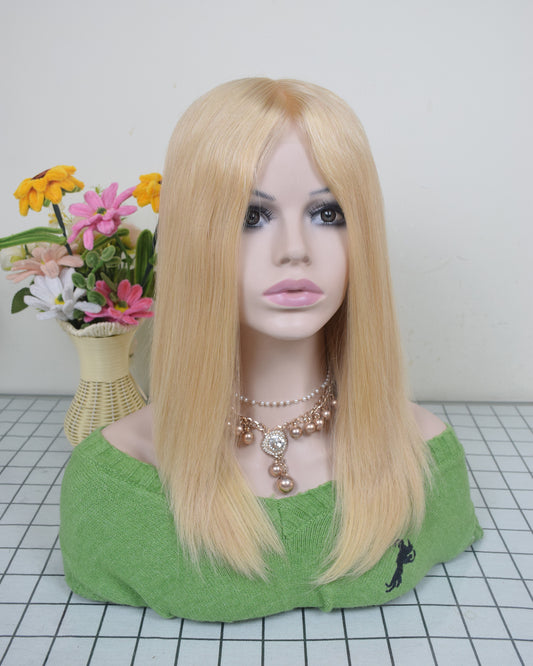Auspiciouswig Blonde Human Virgin Hair Medical Wig Fine Mono Top Silicone PU Base Hairsystem For Women