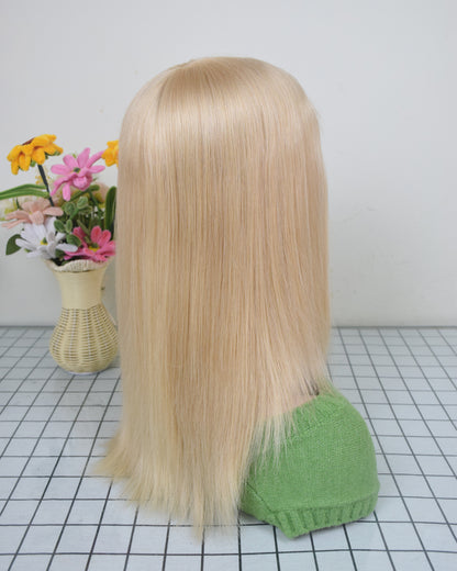 Auspiciouswig Blonde Human Virgin Hair Medical Wig Fine Mono Top Silicone PU Base Hairsystem For Women