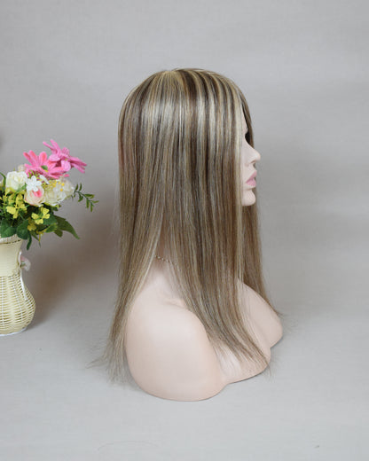 Auspiciouswig Brown Highlights Breathable Mesh Integrated Hairsystem Fishnet With Silk Skin Base Center Human Virgin Hair Topper For Women Hair Volume