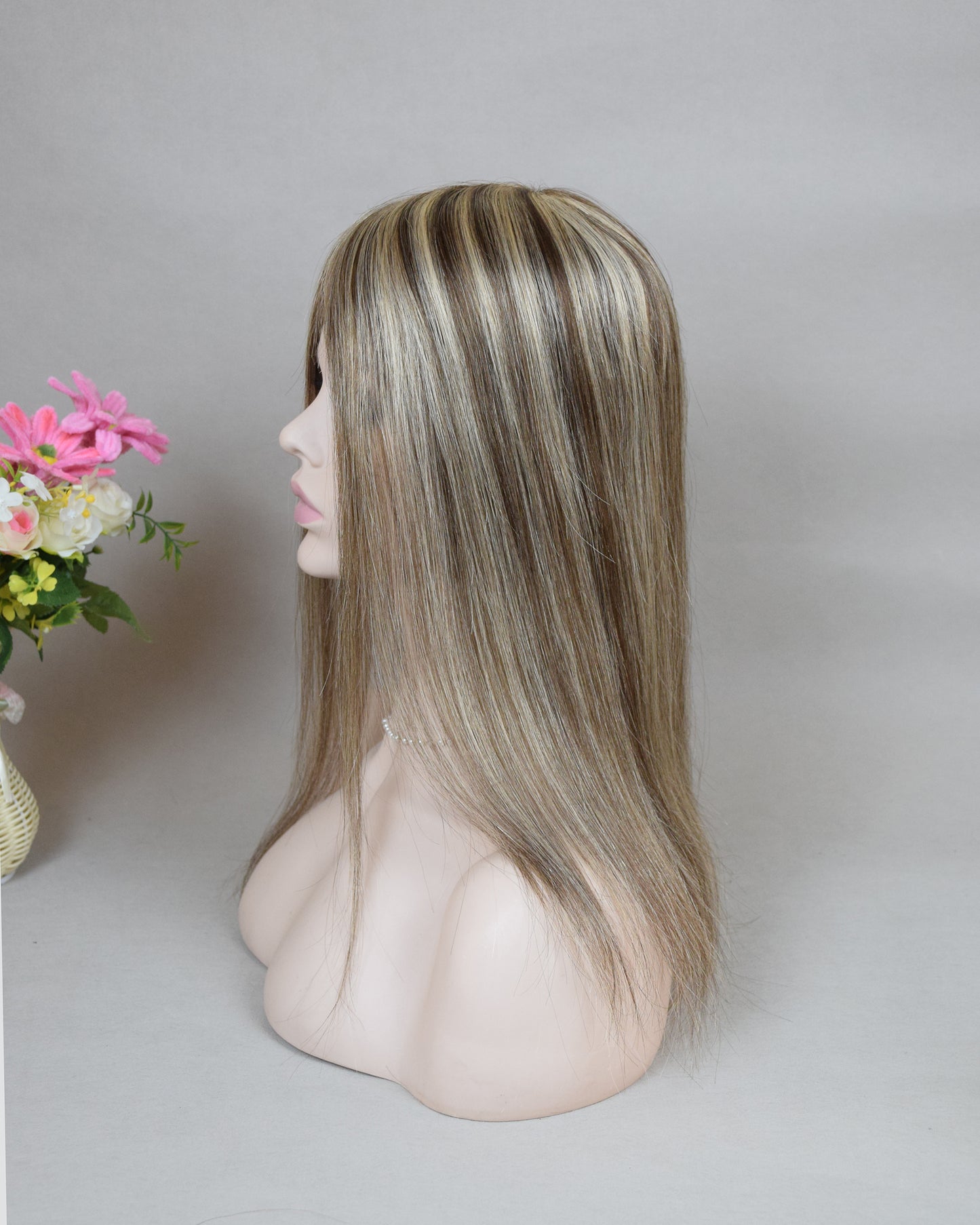 Auspiciouswig Brown Highlights Breathable Mesh Integrated Hairsystem Fishnet With Silk Skin Base Center Human Virgin Hair Topper For Women Hair Volume