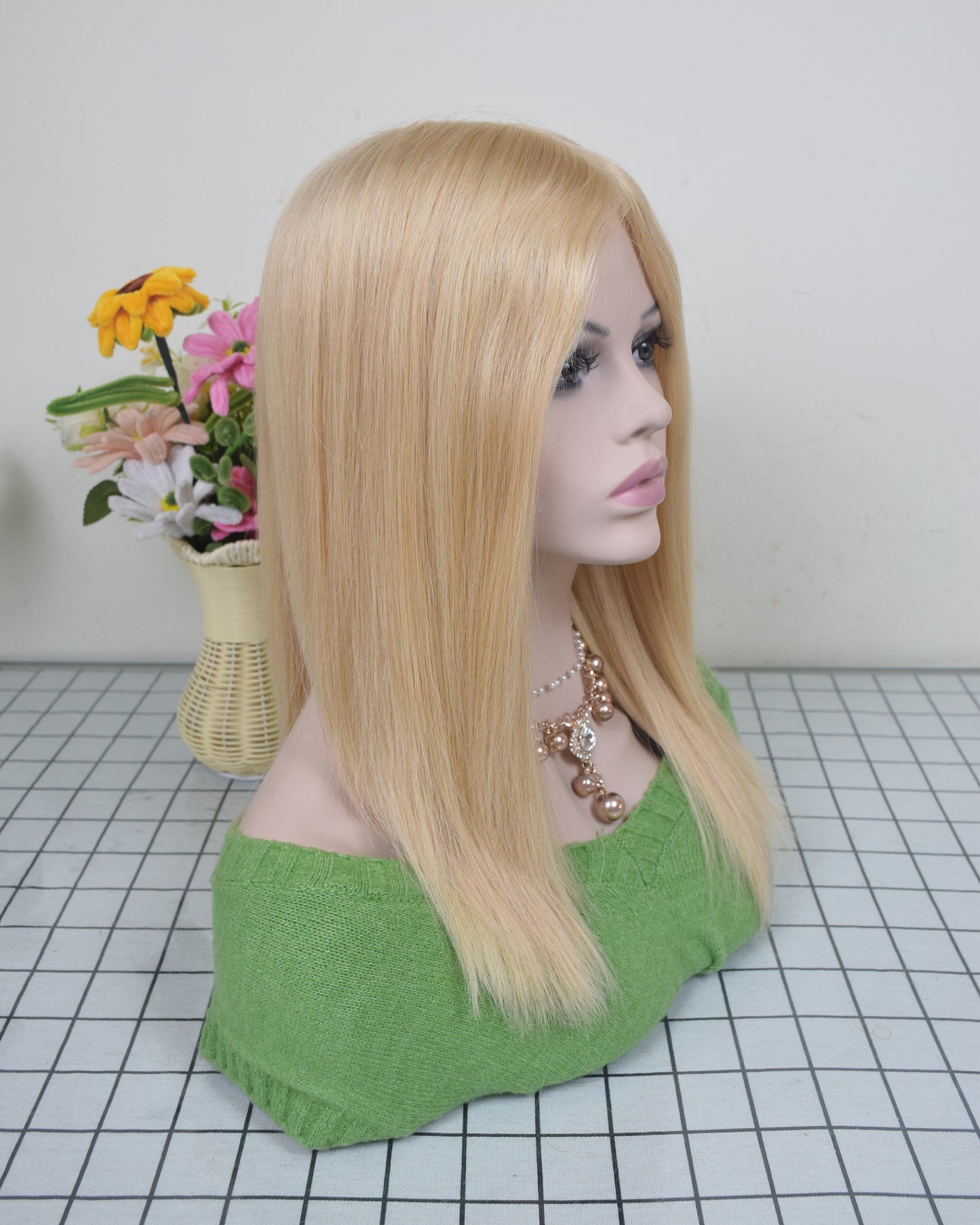 Auspiciouswig Blonde Human Virgin Hair Medical Wig Fine Mono Top Silicone PU Base Hairsystem For Women