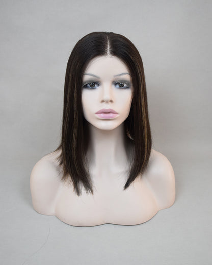 Auspiciouswig European Virgin Hair Kosher Wig Sheitel, Dark Brown Highlights Hair Jewish Wig ,Swiss Lace Front Wig For Women