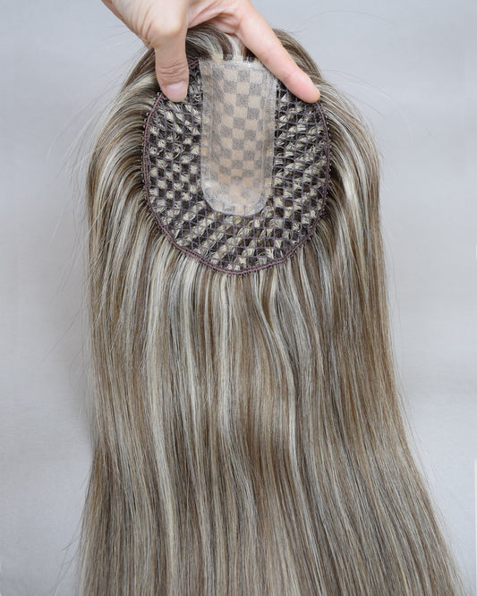 Auspiciouswig Brown Highlights Breathable Mesh Integrated Hairsystem Fishnet With Silk Skin Base Center Human Virgin Hair Topper For Women Hair Volume