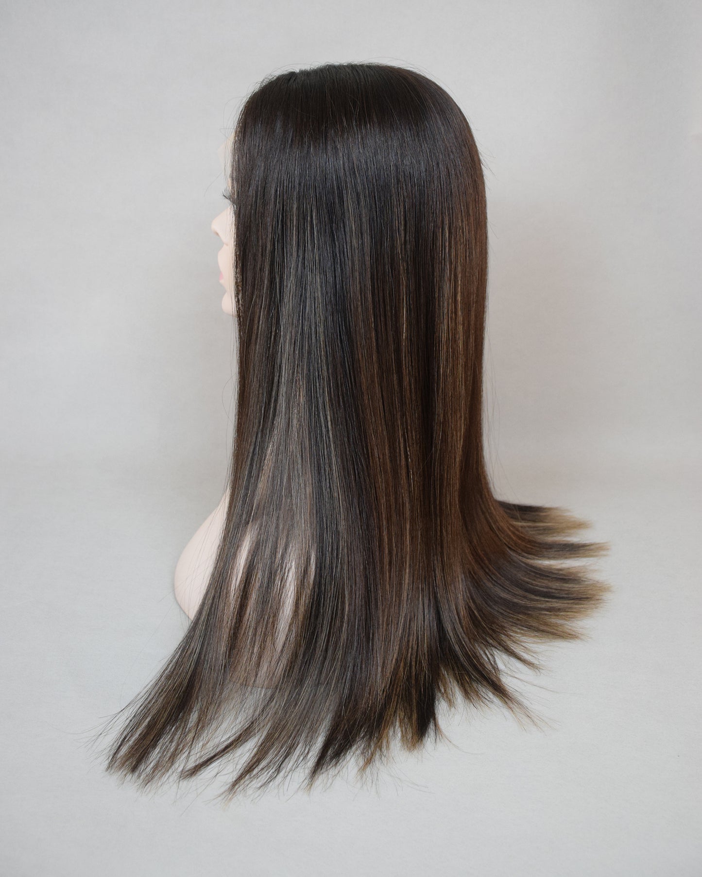 Auspiciouswig Human Virgin Hair Jewish Wig Lace Front Top Kosher Wig Sheitel 22" Dark Brown Highlights Wig For Women