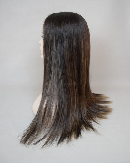 Auspiciouswig Human Virgin Hair Jewish Wig Lace Front Top Kosher Wig Sheitel 22" Dark Brown Highlights Wig For Women
