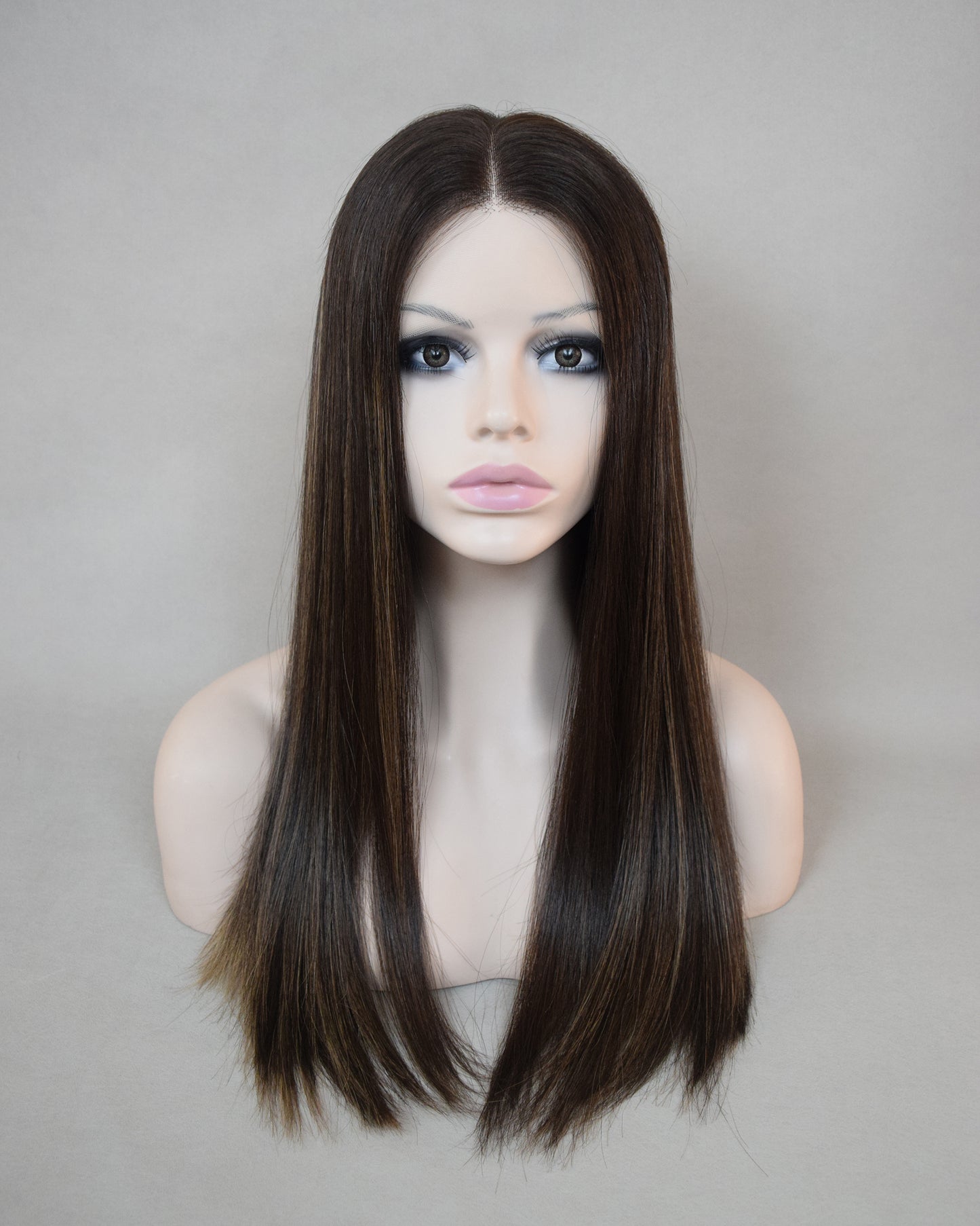 Auspiciouswig Human Virgin Hair Jewish Wig Lace Front Top Kosher Wig Sheitel 22" Dark Brown Highlights Wig For Women