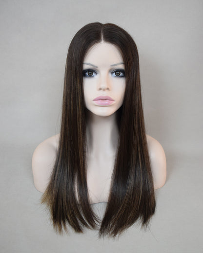 Auspiciouswig Human Virgin Hair Jewish Wig Lace Front Top Kosher Wig Sheitel 22" Dark Brown Highlights Wig For Women