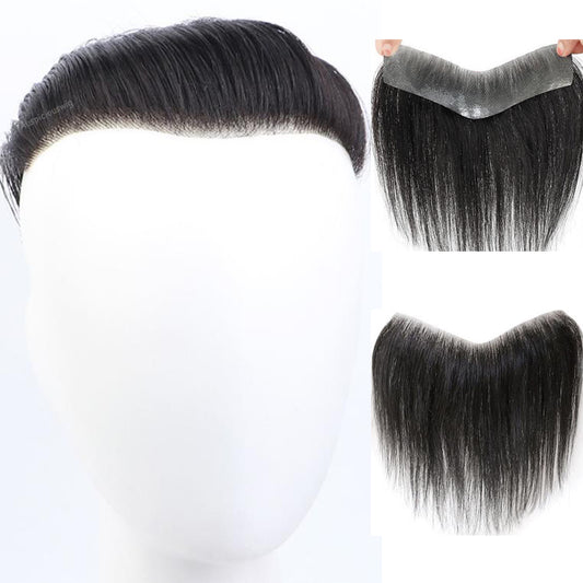 Auspiciouswig Toupee Pezzo di capelli frontali Capelli umani Pelle sottile Attaccatura dei capelli da uomo a forma di V per uomo