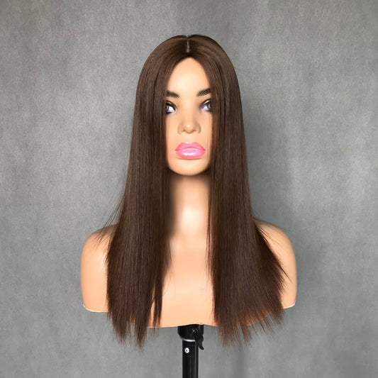 Auspiciouswig Brown Human Virgin Hair Jewish Wigs Topper Silk Skin Top Sheitel Kosher Hairpiece For Women