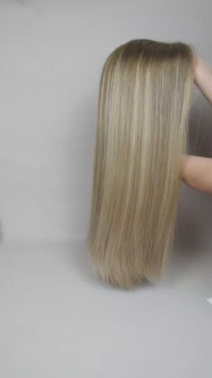 Auspiciouswig 20" Human Virgin Hair Balayage Jewish Wig Sheitel Swiss Lace Top Kosher Wig