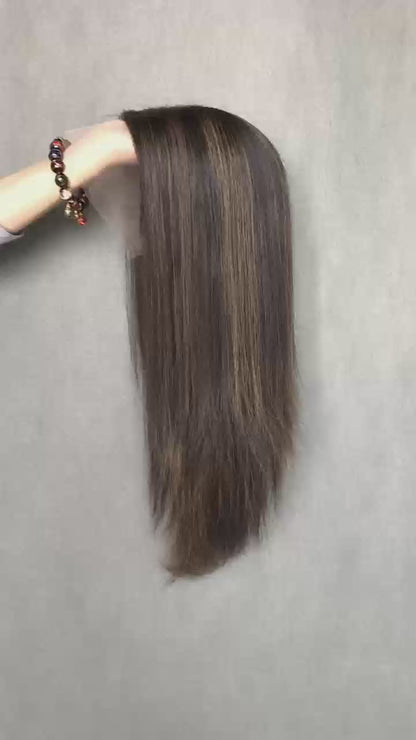 Auspiciouswig Human Hair Lace Front Kosher Sheitel Wigs Swiss Lace Top Brown Highlights Jewish Wigs